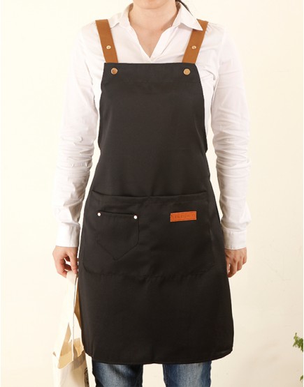 綿帆布背帶式防水防油污雙口袋圍裙(小口袋款)-黑色