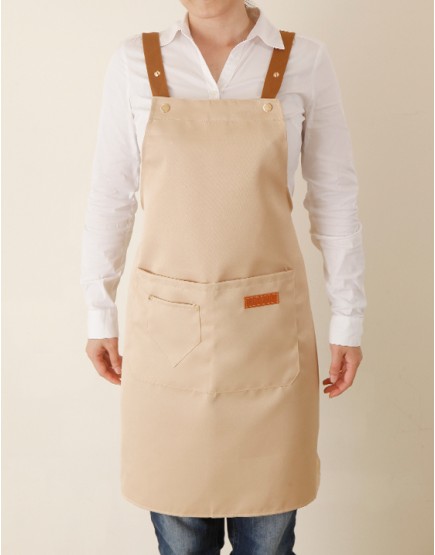 滌綿帆布背帶式防水防油污雙口袋圍裙(小口袋款)-卡其色