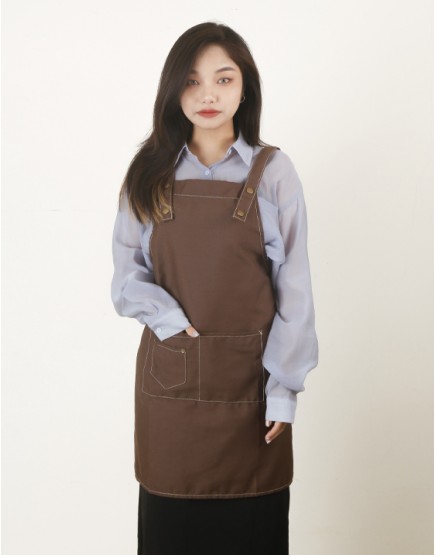 滌綿帆布背帶式雙口袋(兩釦小口袋)圍裙-咖啡
