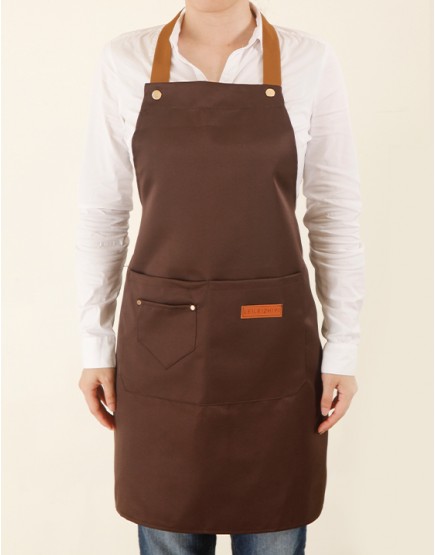 滌綿帆布繞頸式防水防油污雙口袋圍裙(小口袋款)-咖啡色