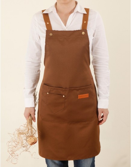 滌綿帆布背帶式防水防油污雙口袋圍裙(小口袋款)-淺咖