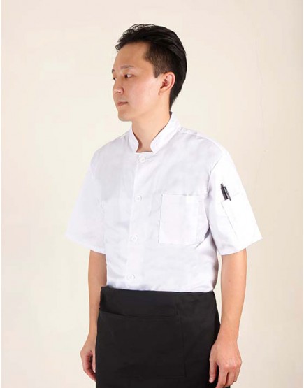 白色彈性布短袖單排扣廚師服
