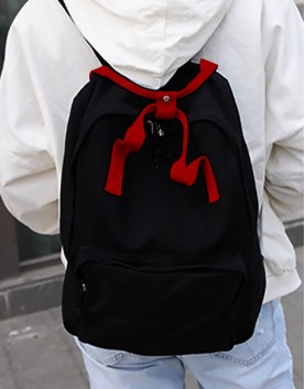 帆布雙肩黑色後背包-紅提把